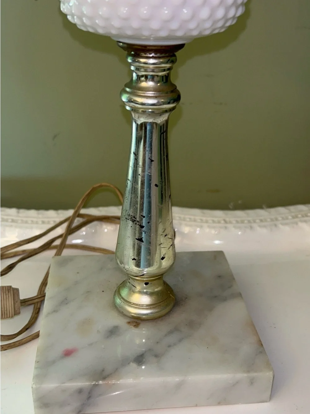 Vintage Hurricane Style Hobnail Milk Glass Table Lamp with a Marble Base